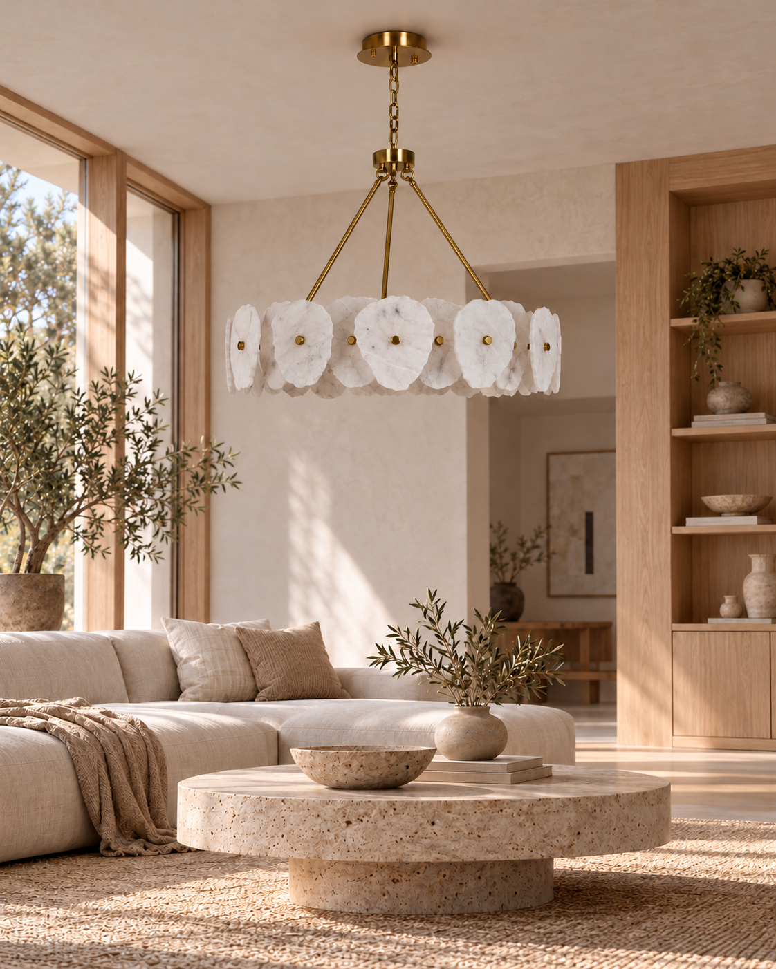 Aurelia Muğla marble chandelier — Japandi living room, light off