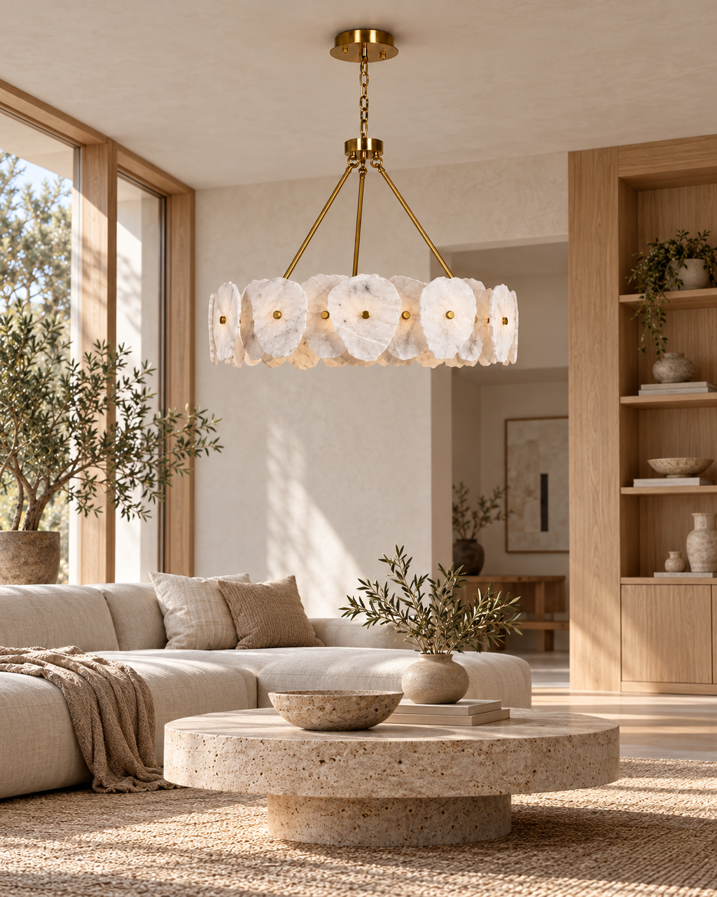 Aurelia Muğla marble chandelier — Japandi living room, light on