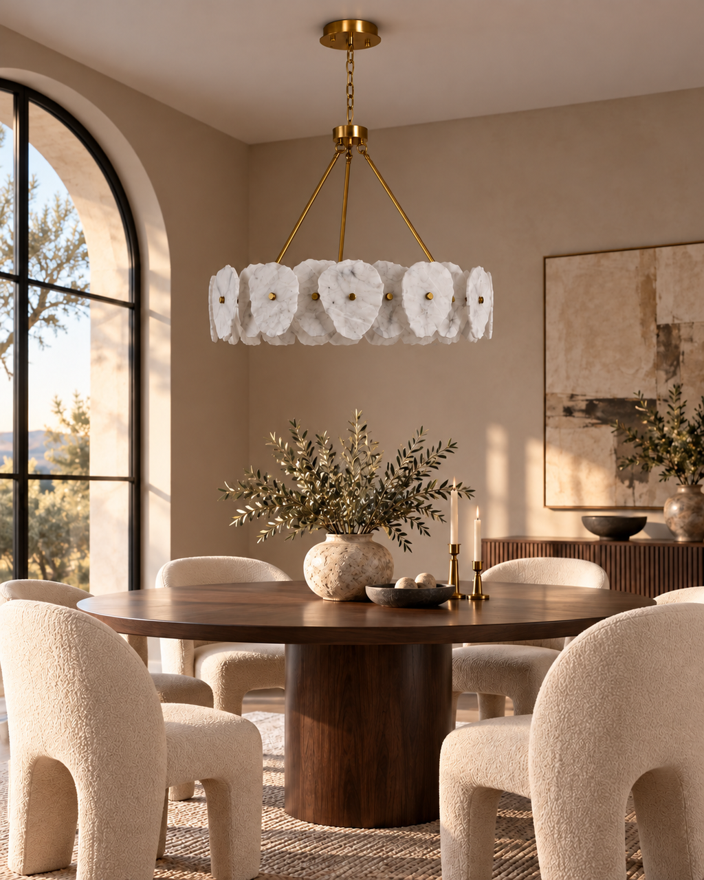 Aurelia Muğla marble chandelier — modern dining room, light off