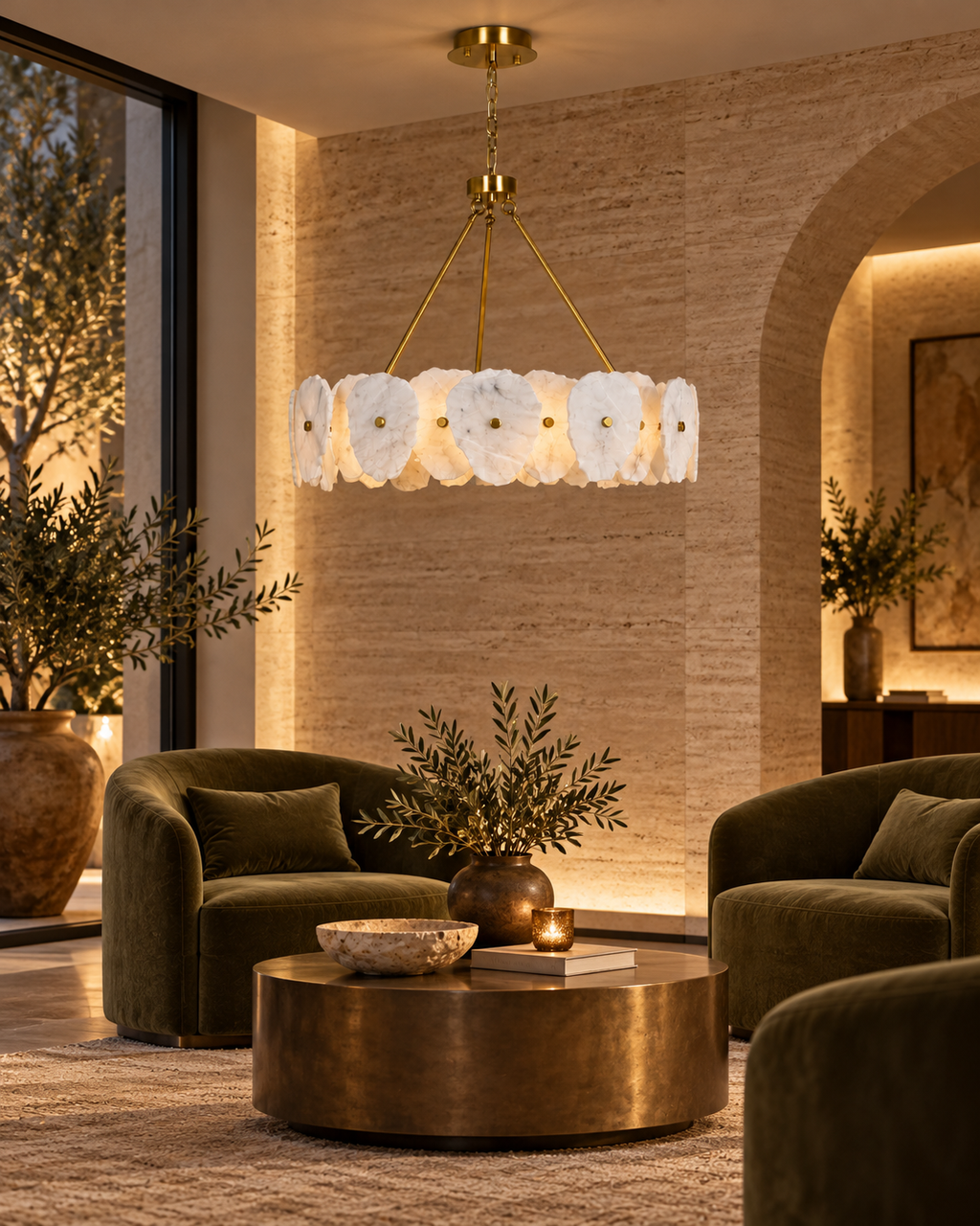 Aurelia Muğla marble chandelier — boutique hotel, light on