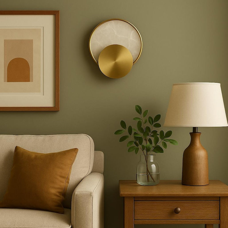 Alabaster Wall Sconce with Brass Details – Round Modern Minimalist Wall Light Fixture , Marble Wall Lamp