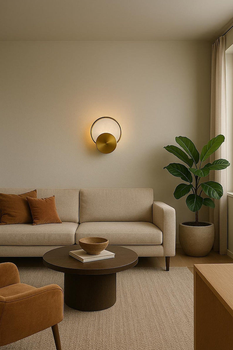 Alabaster Wall Sconce with Brass Details – Round Modern Minimalist Wall Light Fixture , Marble Wall Lamp
