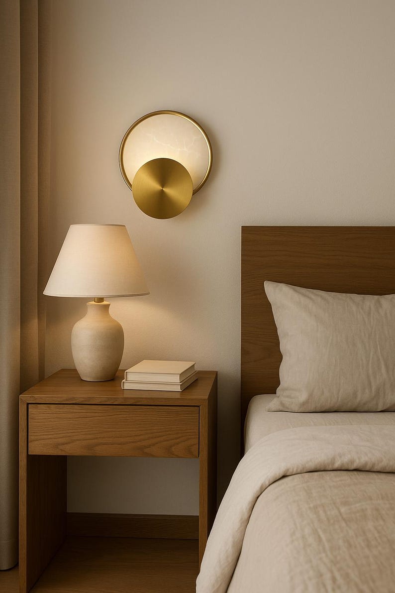 Alabaster Wall Sconce with Brass Details – Round Modern Minimalist Wall Light Fixture , Marble Wall Lamp