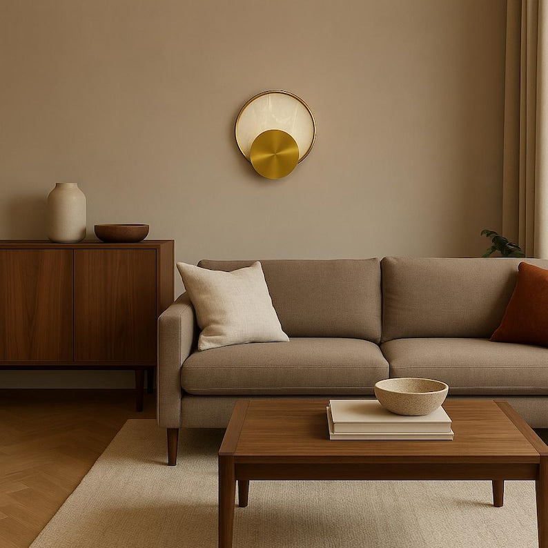 Alabaster Wall Sconce with Brass Details – Round Modern Minimalist Wall Light Fixture , Marble Wall Lamp