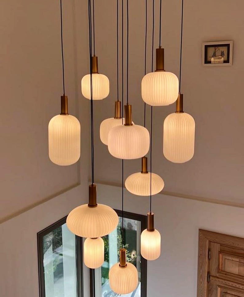 Modern Brass Milky Glass Pendant Chandelier with Softy Lines Lights – Customizable Lighting Fixture for Staircases, Foyers,-lamps