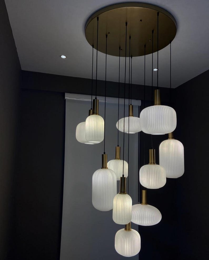 Modern Brass Milky Glass Pendant Chandelier with Softy Lines Lights – Customizable Lighting Fixture for Staircases, Foyers,-lamps