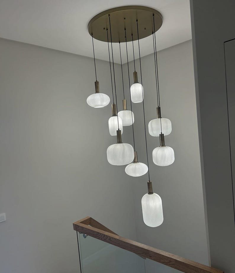 Modern Brass Milky Glass Pendant Chandelier with Softy Lines Lights – Customizable Lighting Fixture for Staircases, Foyers,-lamps
