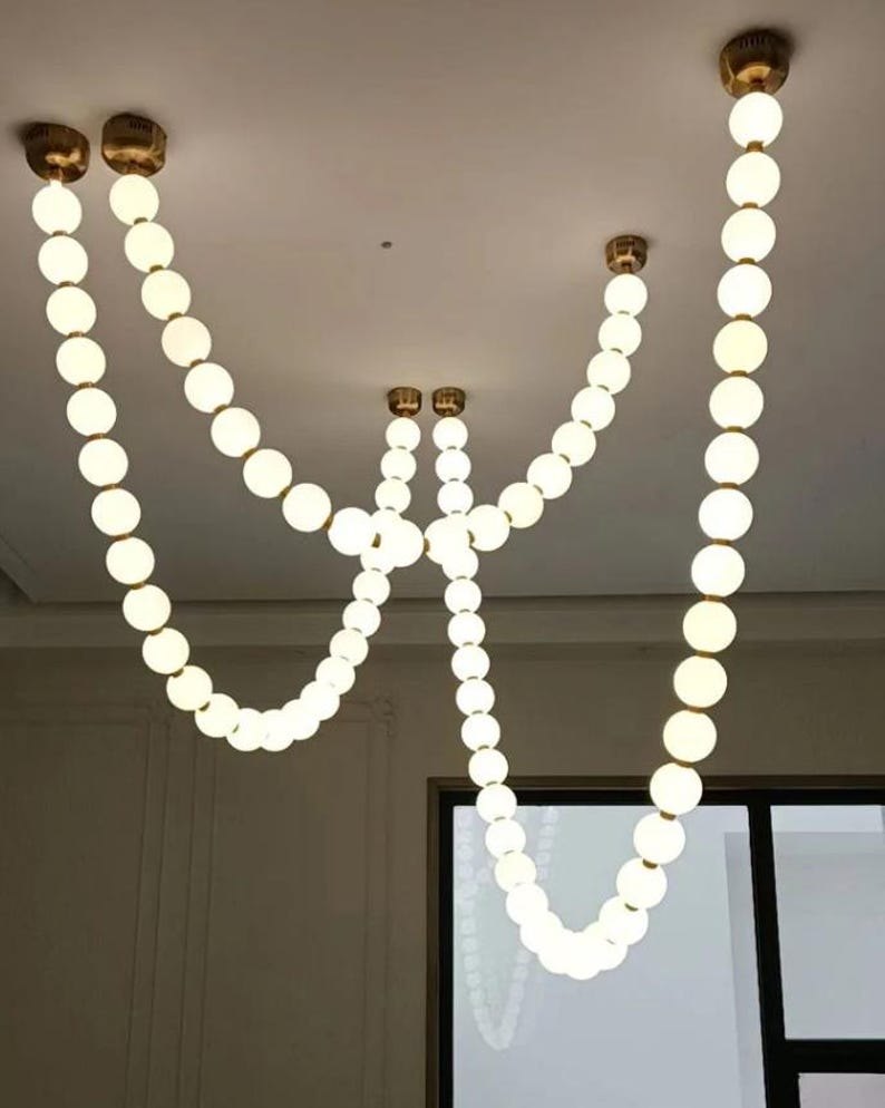 Pearl Necklace Pendant Light, Modern Brass Milky Glass Pendant Chandelier Shaped Lights – Customizable Light-Free Form light-lamps