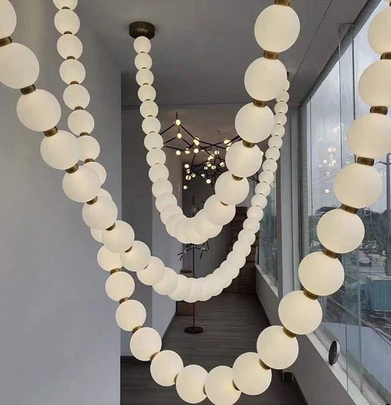 Pearl Necklace Pendant Light, Modern Brass Milky Glass Pendant Chandelier Shaped Lights – Customizable Light-Free Form light-lamps