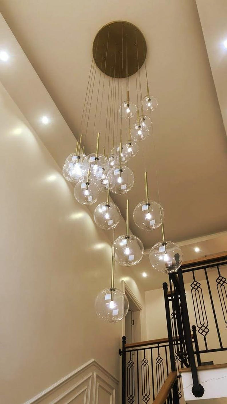 Handmade Blown Glass Chandelier , Modern glass chandelier , Art deco lamp , Minimalist Lighting , Brass lighting, pendant lights