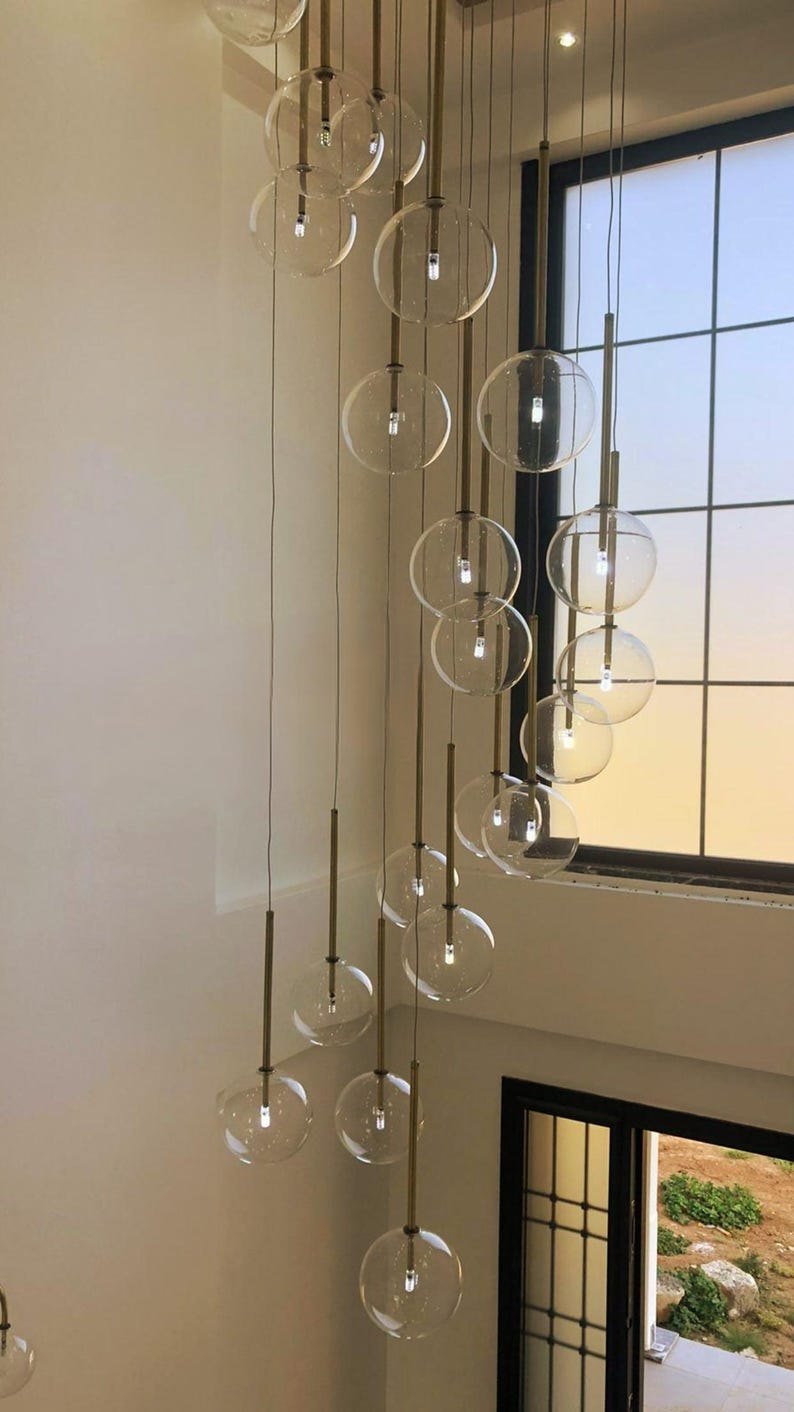Handmade Blown Glass Chandelier , Modern glass chandelier , Art deco lamp , Minimalist Lighting , Brass lighting, pendant lights