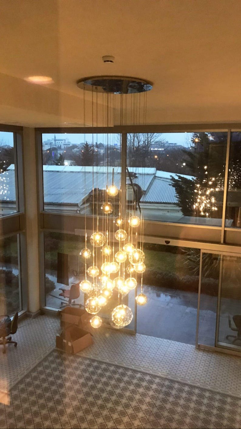 Handmade Blown Glass Chandelier , Modern glass chandelier , Art deco lamp , Minimalist Lighting , Brass lighting, pendant lights