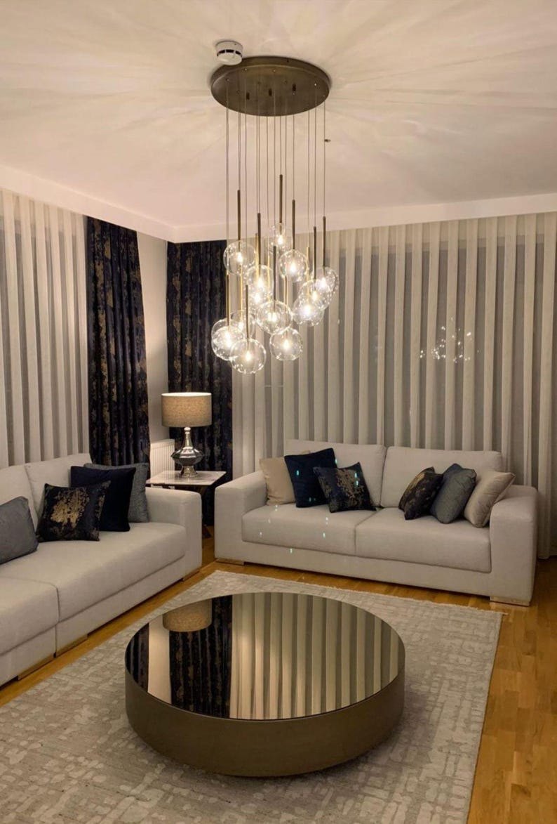 Handmade Blown Glass Chandelier , Modern glass chandelier , Art deco lamp , Minimalist Lighting , Brass lighting, pendant lights