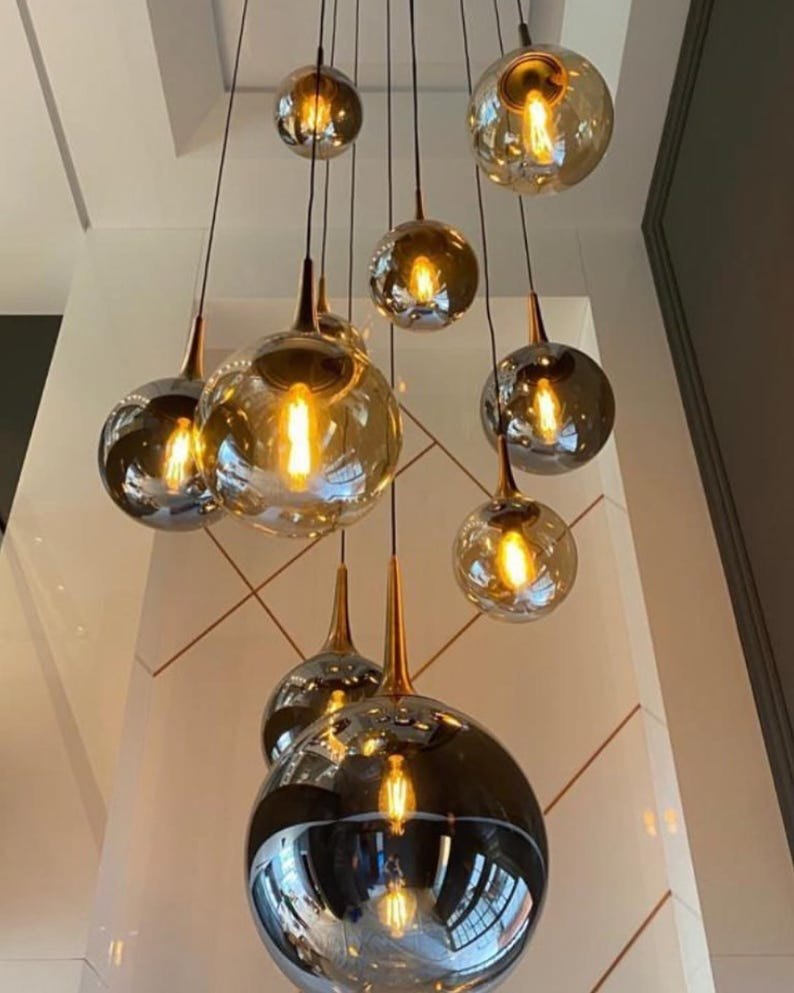 Blown Glass Pendant Chandelier - Customizable in Black Chrome and Brass Finish, Adjustable Cable Length