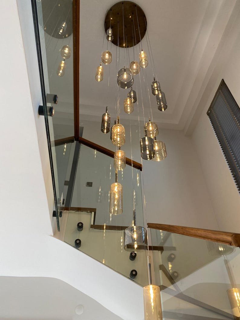 Modern Blown Glass Pendant Light – Customizable Chandelier with Blown Glass Light - Minimalist Lighting,Honey and smoked glass