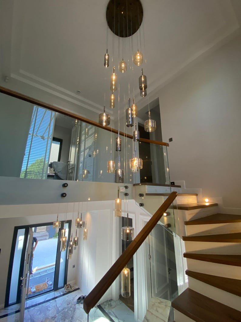 Modern Blown Glass Pendant Light – Customizable Chandelier with Blown Glass Light - Minimalist Lighting,Honey and smoked glass
