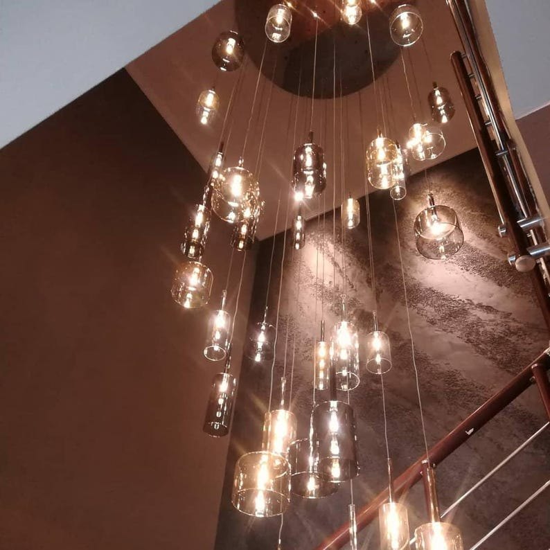 Modern Blown Glass Pendant Light – Customizable Chandelier with Blown Glass Light - Minimalist Lighting,Honey and smoked glass