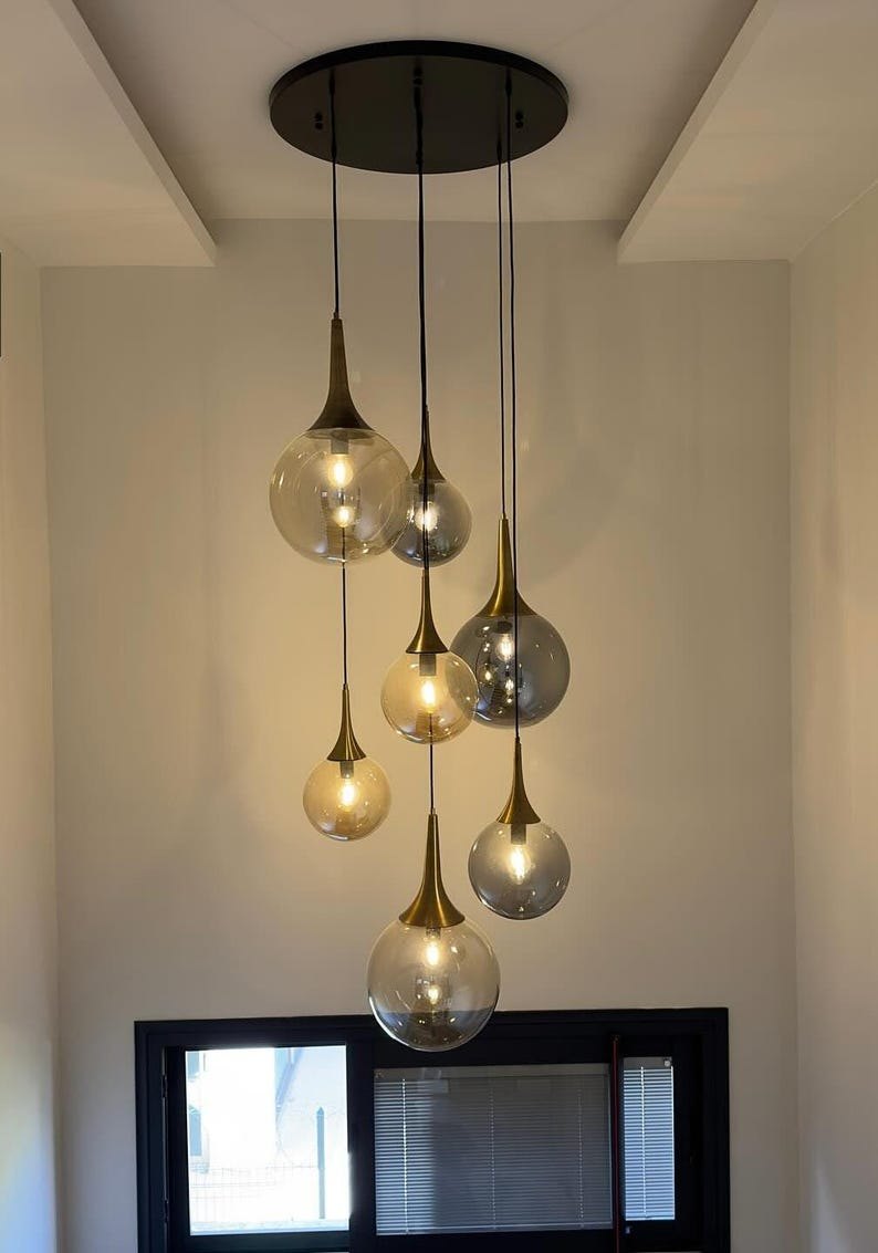 Modern Pendant Lighting- Blown Glass Pendant Chandelier - Customizable in Black Chrome and Brass Finish, Honey and Smoke Glass Options, lamp
