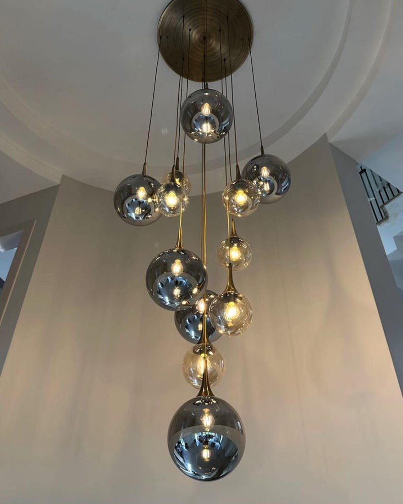 Modern Pendant Lighting- Blown Glass Pendant Chandelier - Customizable in Black Chrome and Brass Finish, Honey and Smoke Glass Options, lamp