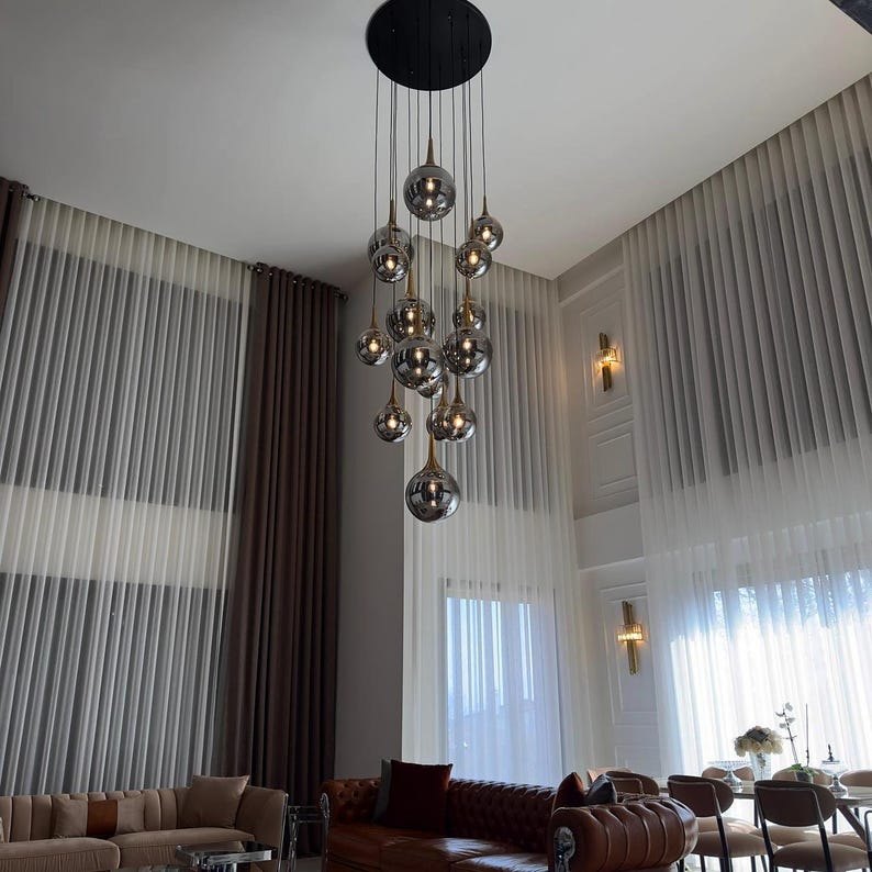Modern Pendant Lighting- Blown Glass Pendant Chandelier - Customizable in Black Chrome and Brass Finish, Honey and Smoke Glass Options, lamp