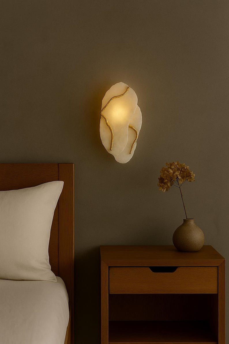 Marble Wall Sconce with Serip Brass Details – Marble Modern Minimalist Wall Light Fixture , Marble Wall Lamp