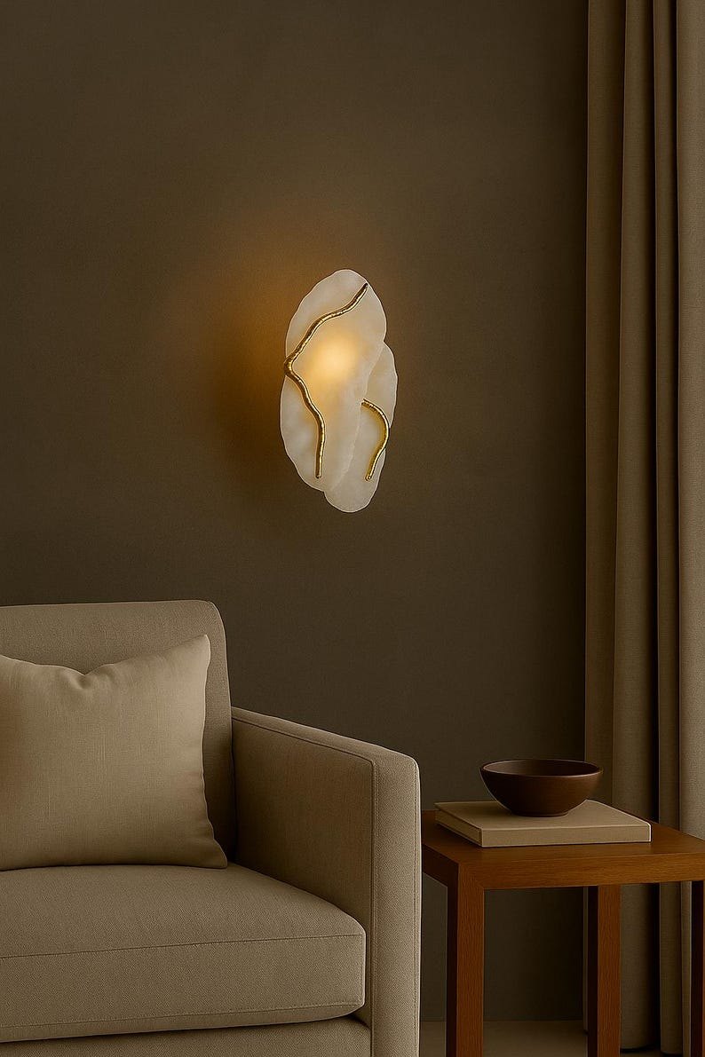 Marble Wall Sconce with Serip Brass Details – Marble Modern Minimalist Wall Light Fixture , Marble Wall Lamp