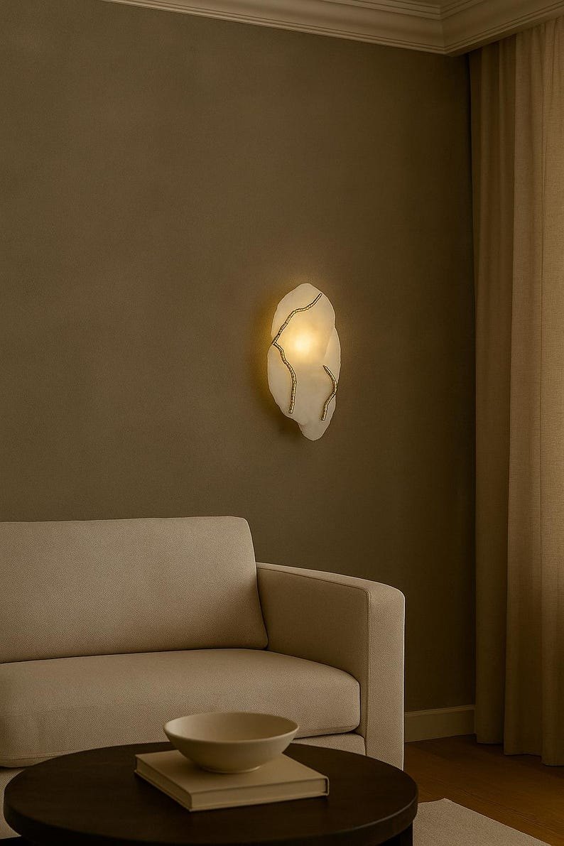 Marble Wall Sconce with Serip Brass Details – Marble Modern Minimalist Wall Light Fixture , Marble Wall Lamp