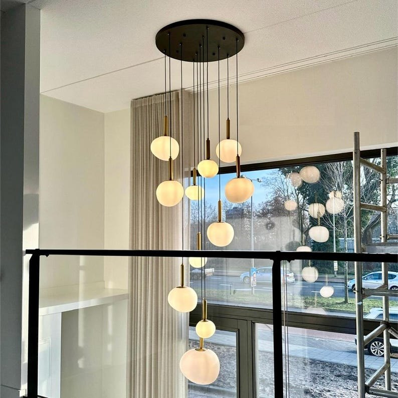 Modern Milky Glass Brass Pendant Chandelier with Amorphous Egg-Shaped Lights – Customizable Lighting Fixture for Staircases, Foyers,-lamps