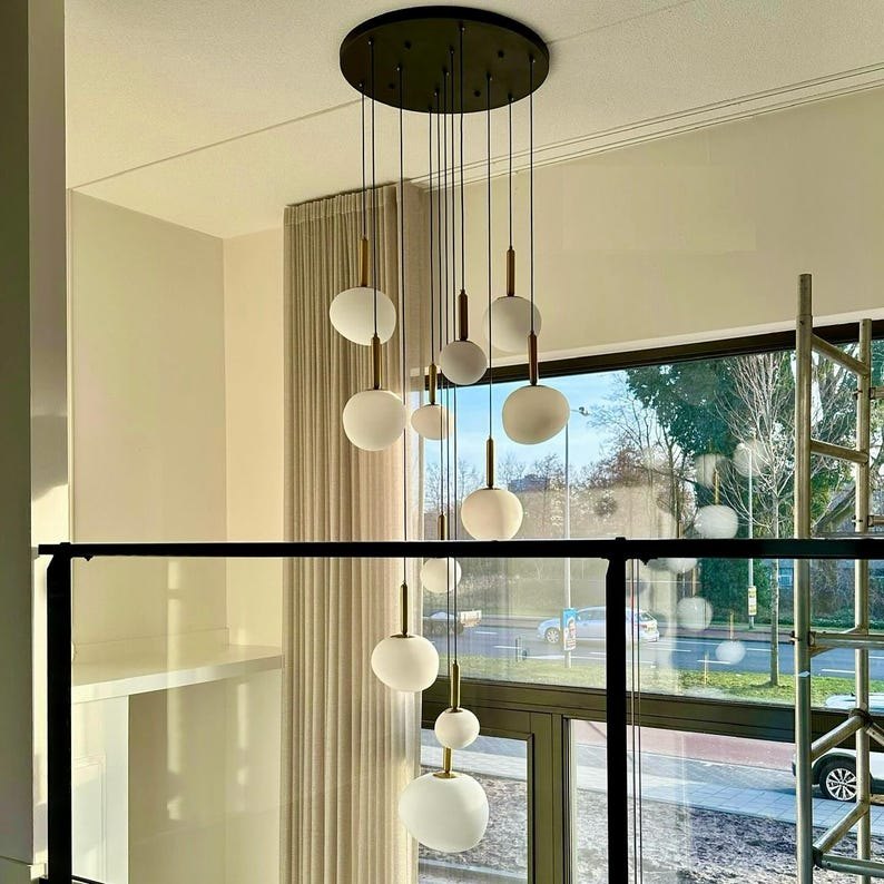 Modern Milky Glass Brass Pendant Chandelier with Amorphous Egg-Shaped Lights – Customizable Lighting Fixture for Staircases, Foyers,-lamps