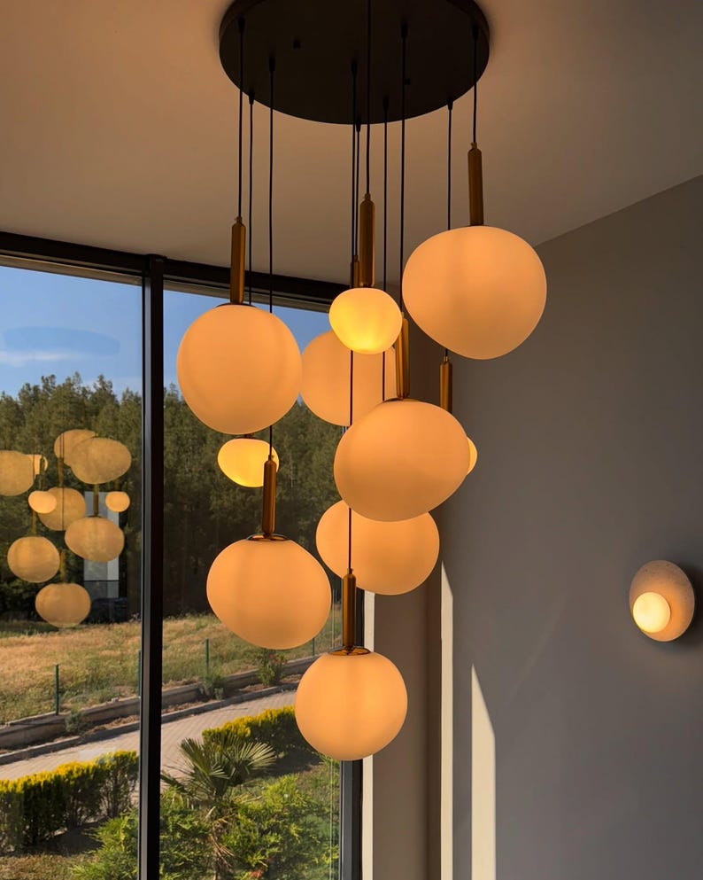 Modern Egg-Shaped Pendant light with Amorphous Brass Milky Glass Lights – Customizable Lighting Fixture for Staircases, Foyers,-lamps