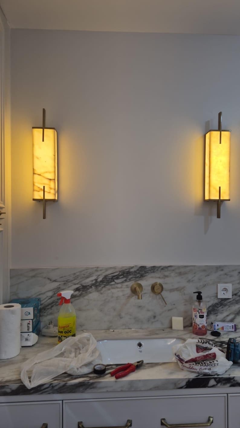 Art Deco Marble Wall Sconce: Handmade Brass Accent Light
