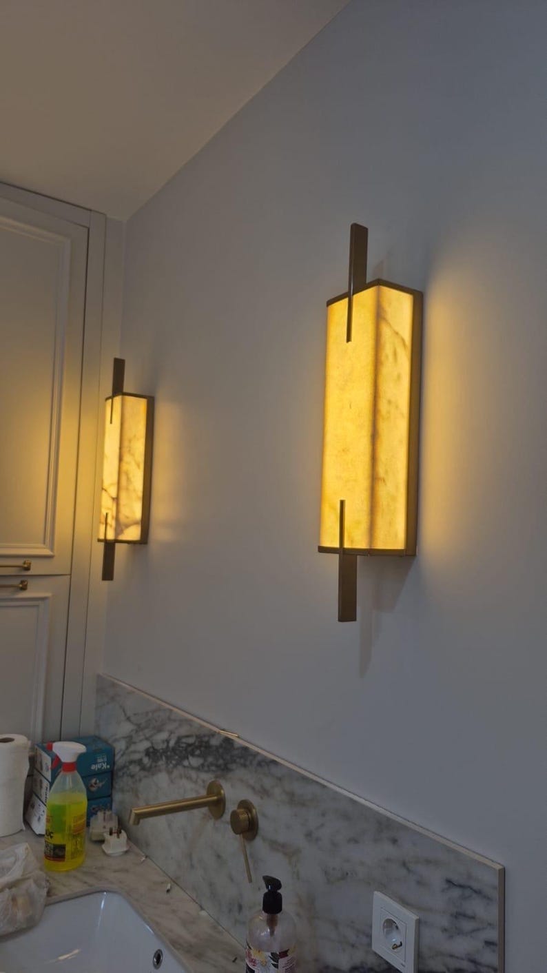Art Deco Marble Wall Sconce: Handmade Brass Accent Light