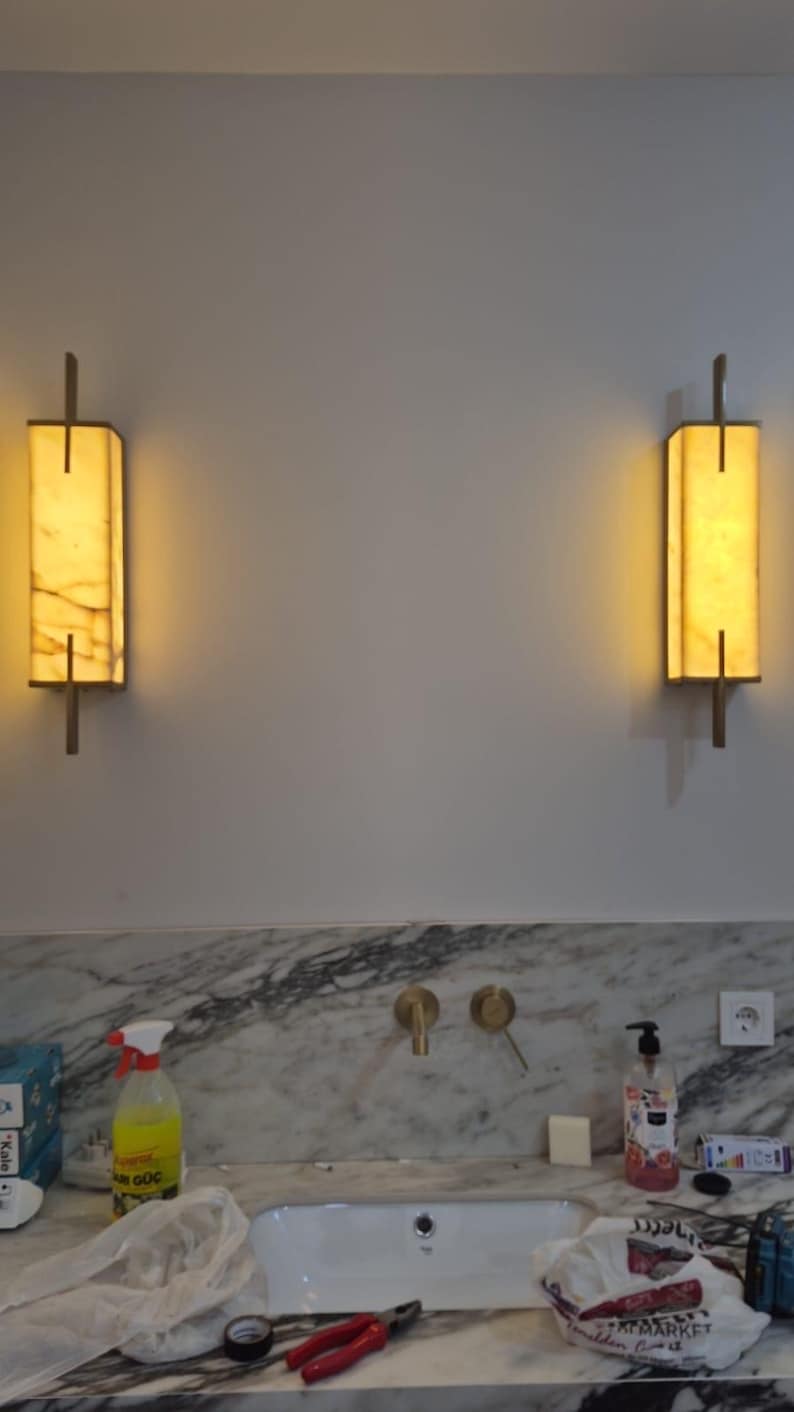 Art Deco Marble Wall Sconce: Handmade Brass Accent Light