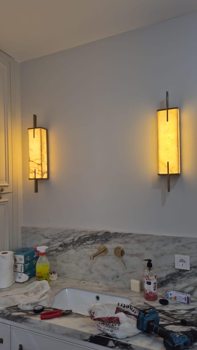 Art Deco Marble Wall Sconce: Handmade Brass Accent Light