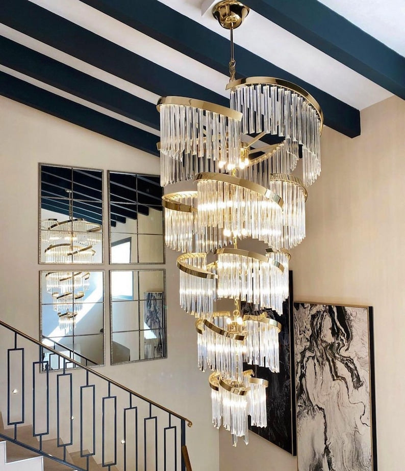 Big Crystal Chandelier, Foyer Pendant Lighting, Gold Crystal Lighting,