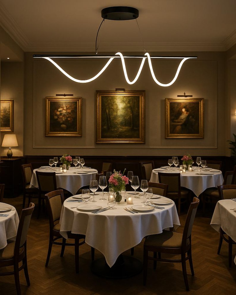 WAVE Free Form LED Pendant Light | Modern Linear Wave Ceiling Lamp | Custom Length Lighting for Dining Room or Office