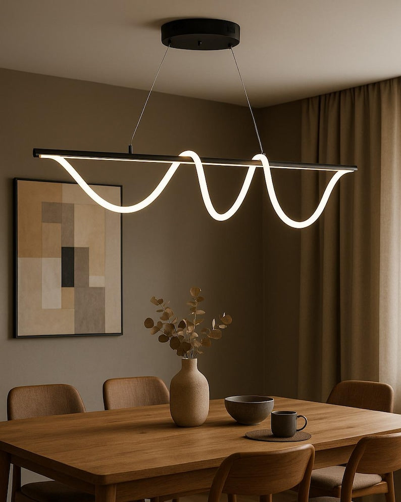 WAVE Free Form LED Pendant Light | Modern Linear Wave Ceiling Lamp | Custom Length Lighting for Dining Room or Office