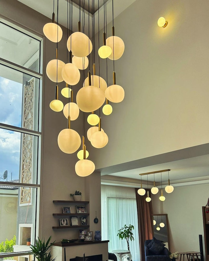 Modern Brass Chandelier – Asymmetrical Milky Glass Pendant Lighting