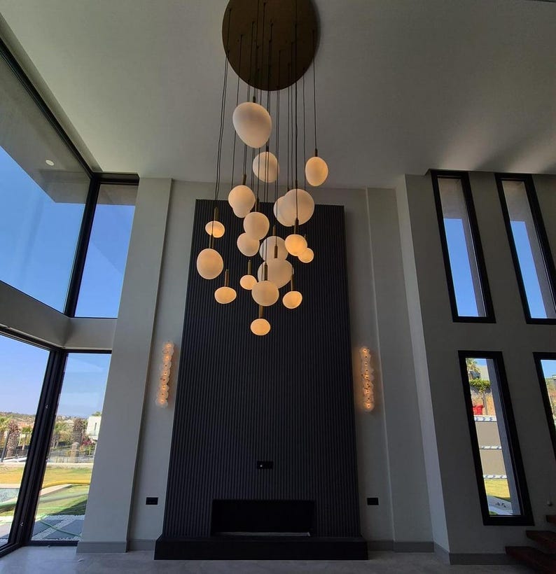 Modern Brass Chandelier – Asymmetrical Milky Glass Pendant Lighting