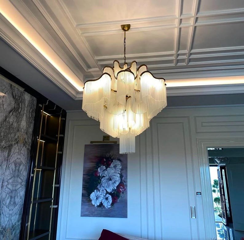 Luxury Glass Chandelier | Tiered Art Deco Chandelier | Modern Classic Ceiling Light | Designer Dining Room & Foyer Lighting