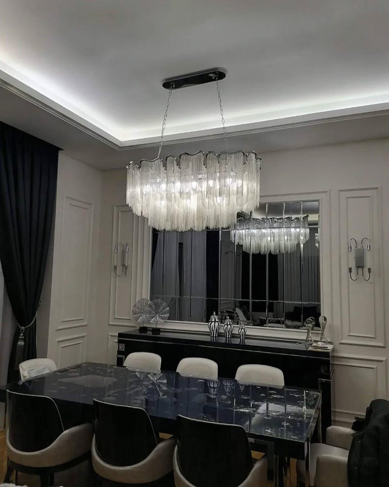 Luxury Chain Chandelier | Art Deco Wave Chandelier | Brass Chain & Stainless Steel Ceiling Light | Designer Foyer Lighting