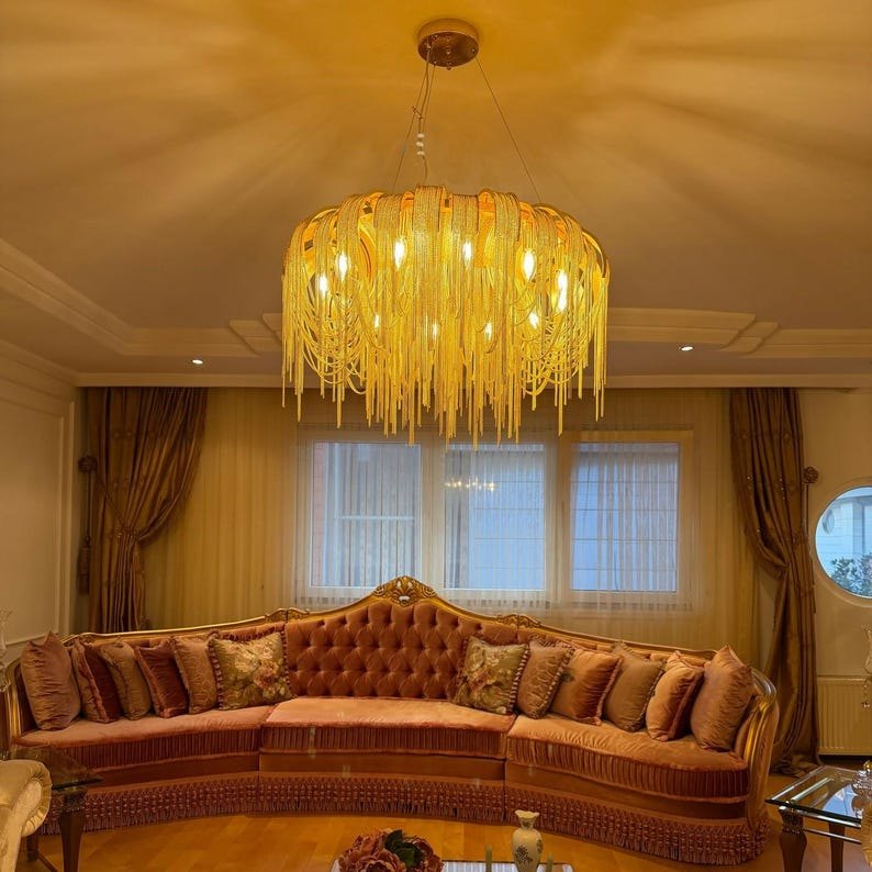 Cascading Chain Chandelier | Luxury Waterfall Chain Chandelier | Modern Art Deco Ceiling Light | Designer Dining Room Lighting