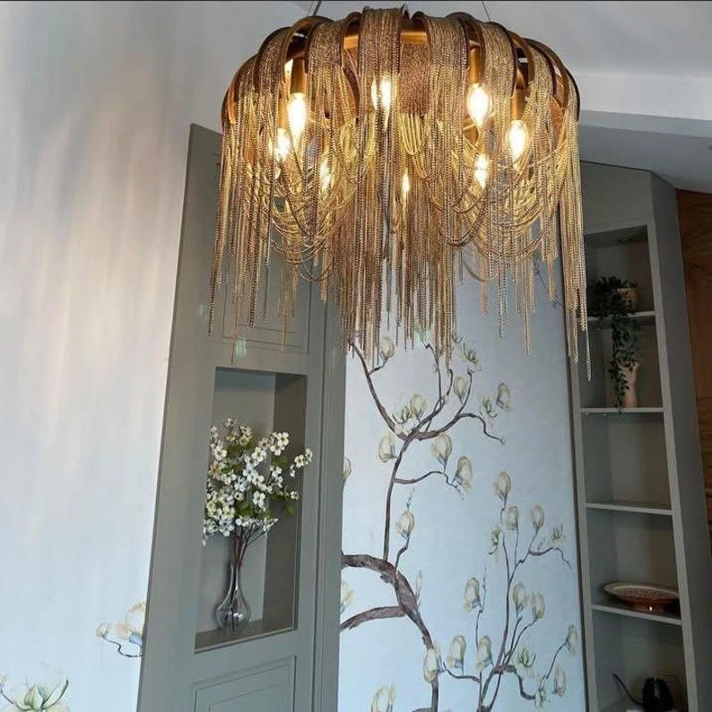 Cascading Chain Chandelier | Luxury Waterfall Chain Chandelier | Modern Art Deco Ceiling Light | Designer Dining Room Lighting