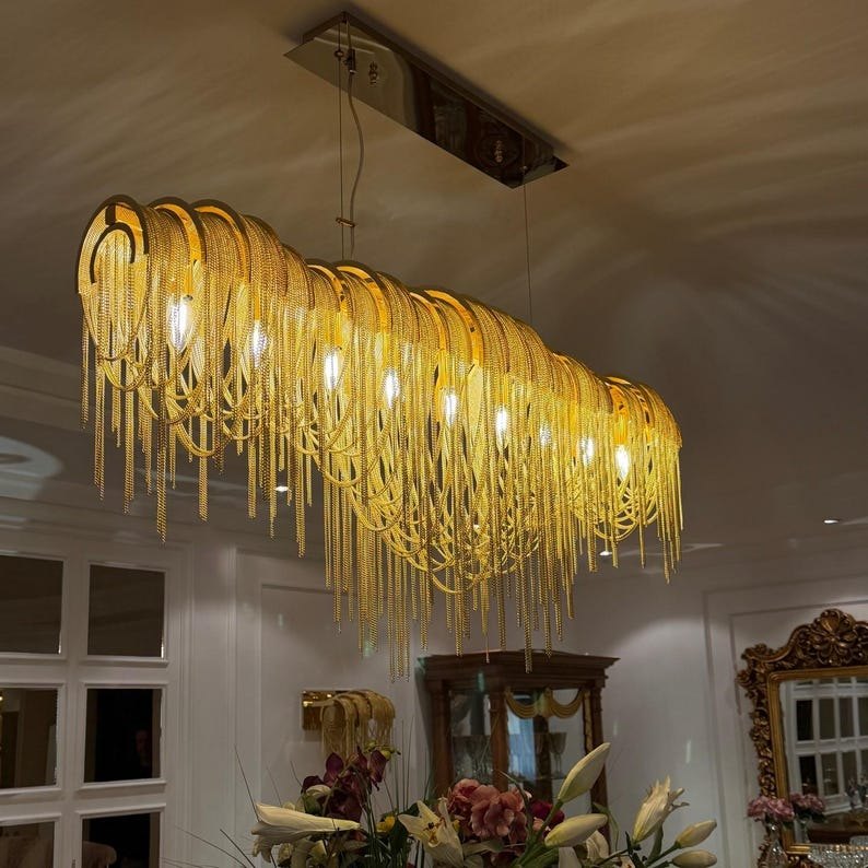 Cascading Chain Chandelier | Luxury Waterfall Chain Chandelier | Modern Art Deco Ceiling Light | Designer Dining Room Lighting