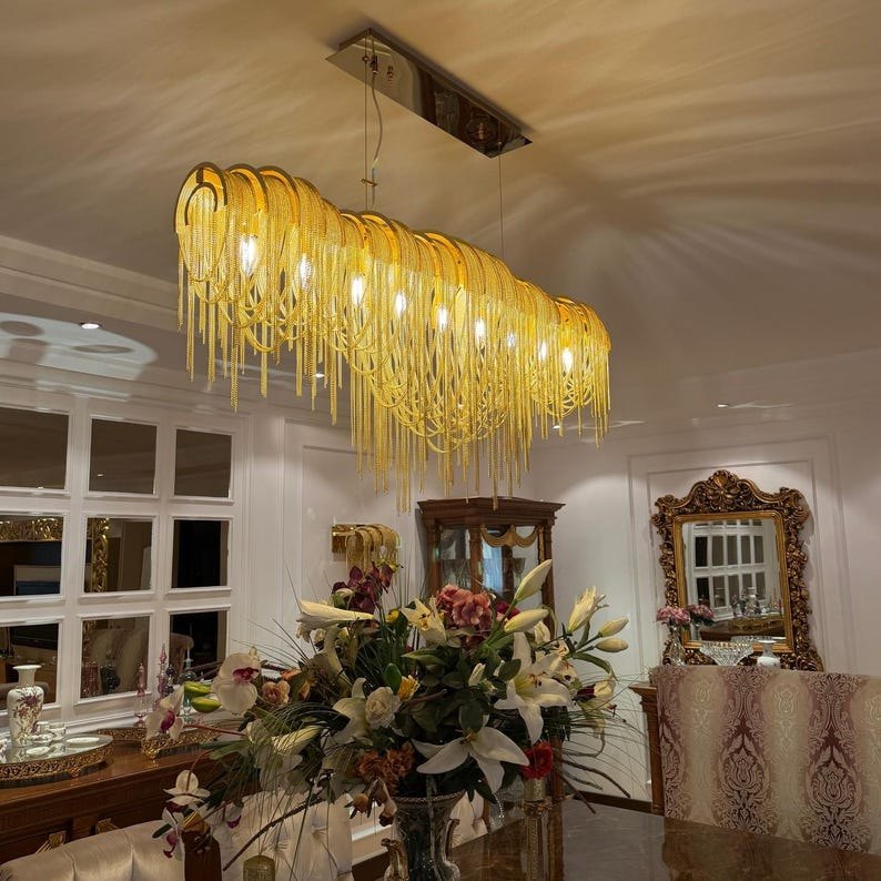 Cascading Chain Chandelier | Luxury Waterfall Chain Chandelier | Modern Art Deco Ceiling Light | Designer Dining Room Lighting