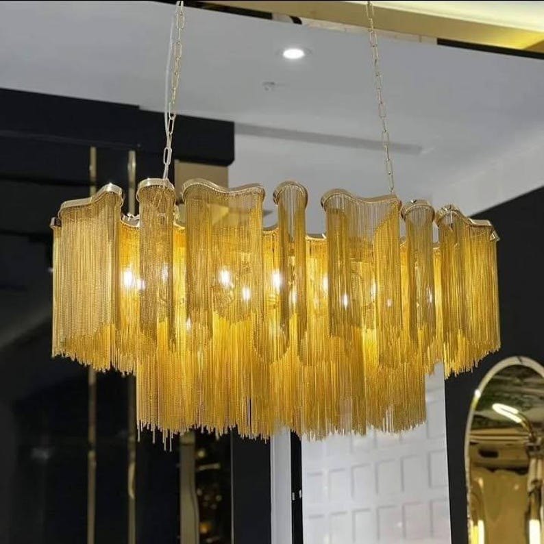 Art Deco Wave Chandelier | Luxury Chain Chandelier | Brass Chain & Stainless Steel Ceiling Light | Designer Foyer Lighting
