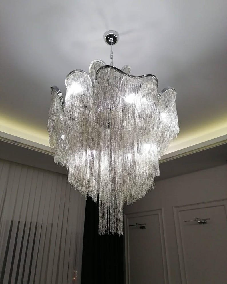 Art Deco Wave Chandelier | Luxury Chain Chandelier | Brass Chain & Stainless Steel Ceiling Light | Designer Foyer Lighting