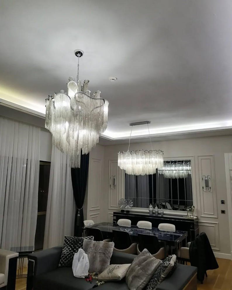 Art Deco Wave Chandelier | Luxury Chain Chandelier | Brass Chain & Stainless Steel Ceiling Light | Designer Foyer Lighting