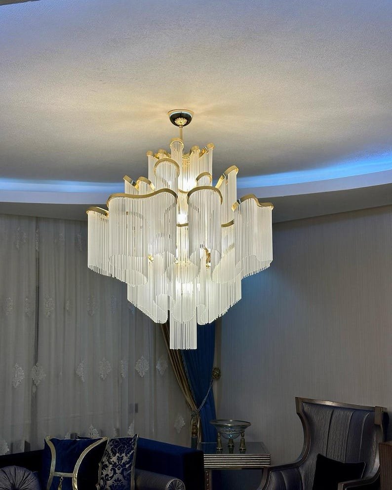 Luxury Wave Glass Chandelier | Tiered Art Deco Chandelier | Modern Classic Ceiling Light | Designer Dining Room & Foyer Lighting