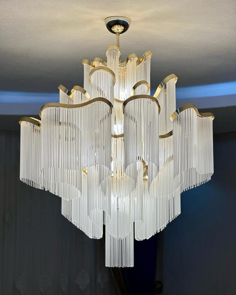 Luxury Wave Glass Chandelier | Tiered Art Deco Chandelier | Modern Classic Ceiling Light | Designer Dining Room & Foyer Lighting